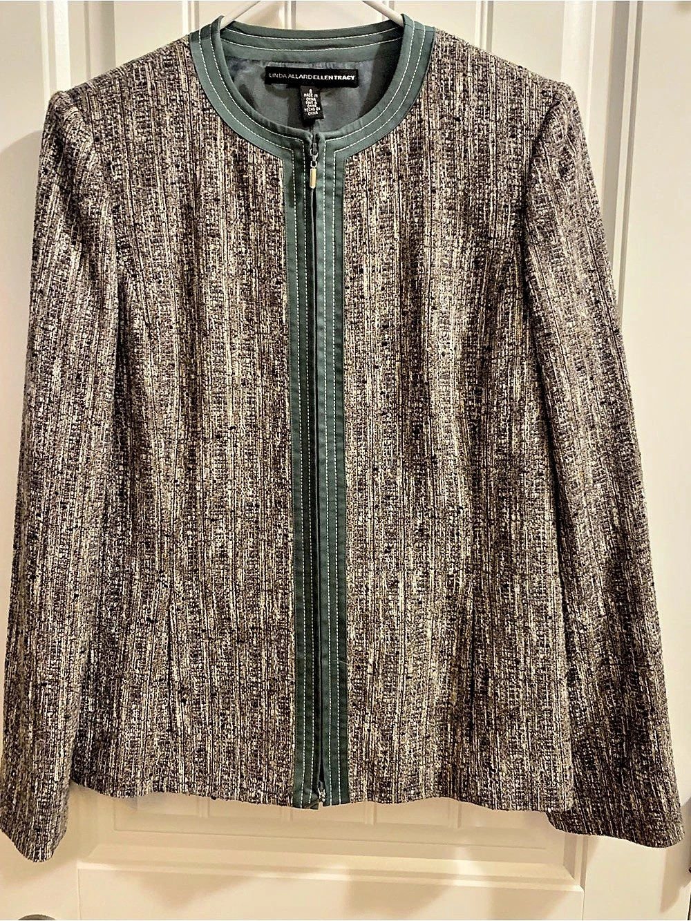 Linda Allard Ellen Tracy Textured Zip Front Jacket Brown Green Tweed Size 8 NWT